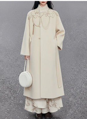 Lily Whisper – White Long Coat | Ivory Embroidered Warm High-Neck Outerwear for Everyday Elegance - Yandan_Hanfu