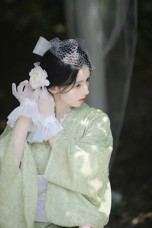 High-end lace Taisho Roman style modified kimono retro dress avocado green - Yandan_Hanfu
