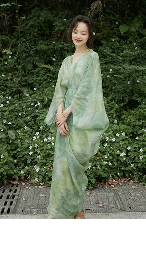 100% Ramie Modern Chinese Dress – Green Tie-Dye Print with Loose Silhouette & Camisole Layer - Yandan_Hanfu