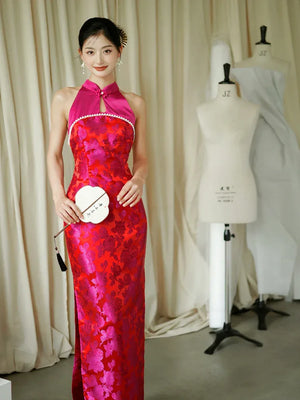 "Chuni" dragon fruit color jacquard cheongsam bride - Yandan_Hanfu