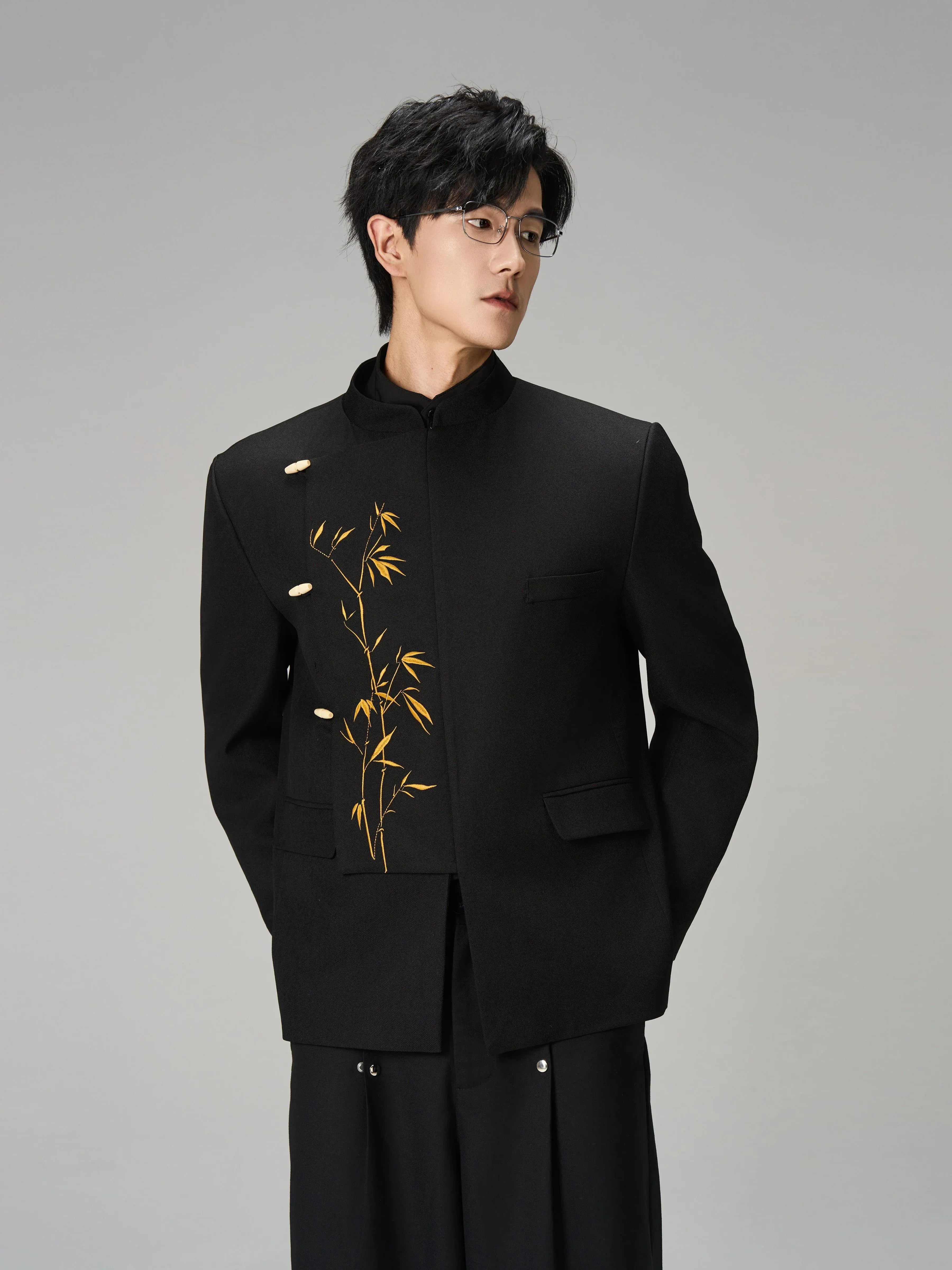 Golden Bamboo Embroidered Mandarin Blazer – Black New Chinese Unisex Jacket - Yandan_Hanfu
