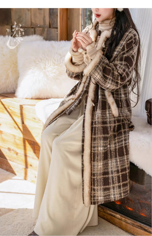 Amber Grace – Modern Hanfu Women's Autumn/Winter Set | Ming-Style Round-Collar Wool Coat with Plaid Song-Inspired Pants - Yandan_Hanfu