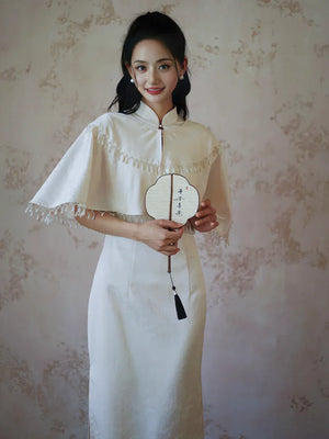 "Xi Zhu" White Dark Pattern Tassel Shawl Cheongsam Bride Wedding Dress Engagement - Yandan_Hanfu