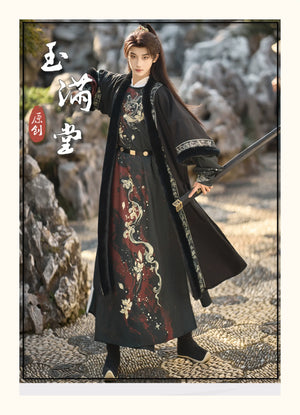 Golden Fish Over the Desert – Tang-Inspired Round Collar Hanfu Coat with Plush Fur Trim (Unisex Winter Set) - Yandan_Hanfu