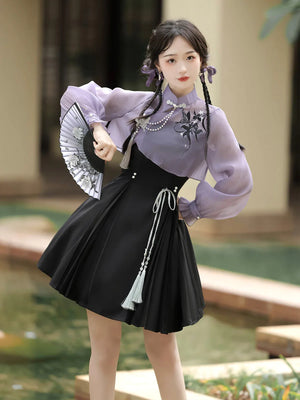 Iris ink butterfly girl exquisite fringed Han element sweet purple cheongsam fairy dress - Yandan_Hanfu