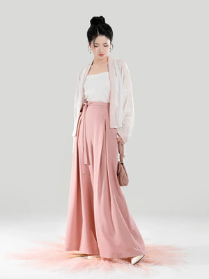 Taoling – Modern Song-Style Hanfu Set with Feather Jacquard & Wide-Leg Pants - Yandan_Hanfu