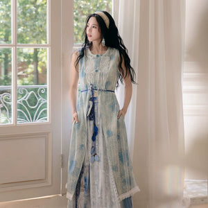 "Moran Canglan" Blue Modern Hanfu – Sleeveless Bijia Dress with Flowing Skirt & Han Elements for Spring/Summer - Yandan_Hanfu