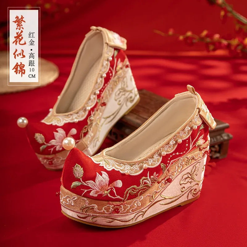 Hanfu Embroidered Heels – Women's Song-Style Qipao Shoes with Pearl Detail & 10cm Lift - Yandan_Hanfu