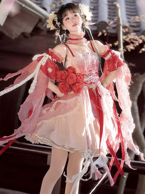 Model in Red Hanfu Dress New Chinese Feather Rust Waist Seal Suspender Skirt holding red roses, showcasing floral embroidery and lace trim.