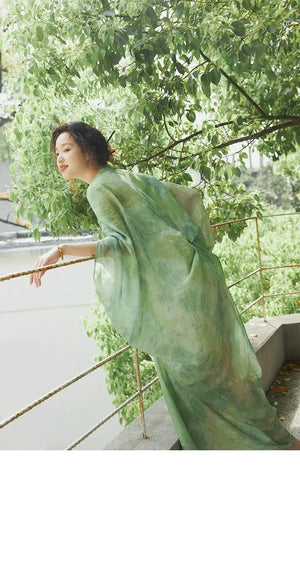 100% Ramie Modern Chinese Dress – Green Tie-Dye Print with Loose Silhouette & Camisole Layer - Yandan_Hanfu