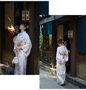 Cherry blossom season fresh and elegant beige Japanese kimono dress women's improved kimono yukata - Yandan_Hanfu