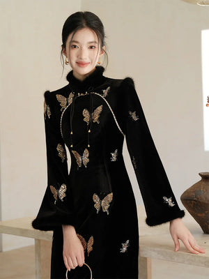 Black & Gold Velvet Cheongsam – Modern Chinese Winter Dress with Butterfly Bead Embroidery - Yandan_Hanfu
