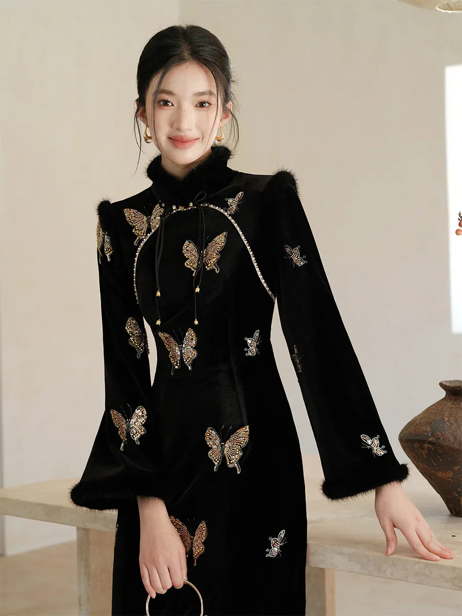 Black & Gold Velvet Cheongsam – Modern Chinese Winter Dress with Butterfly Bead Embroidery - Yandan_Hanfu