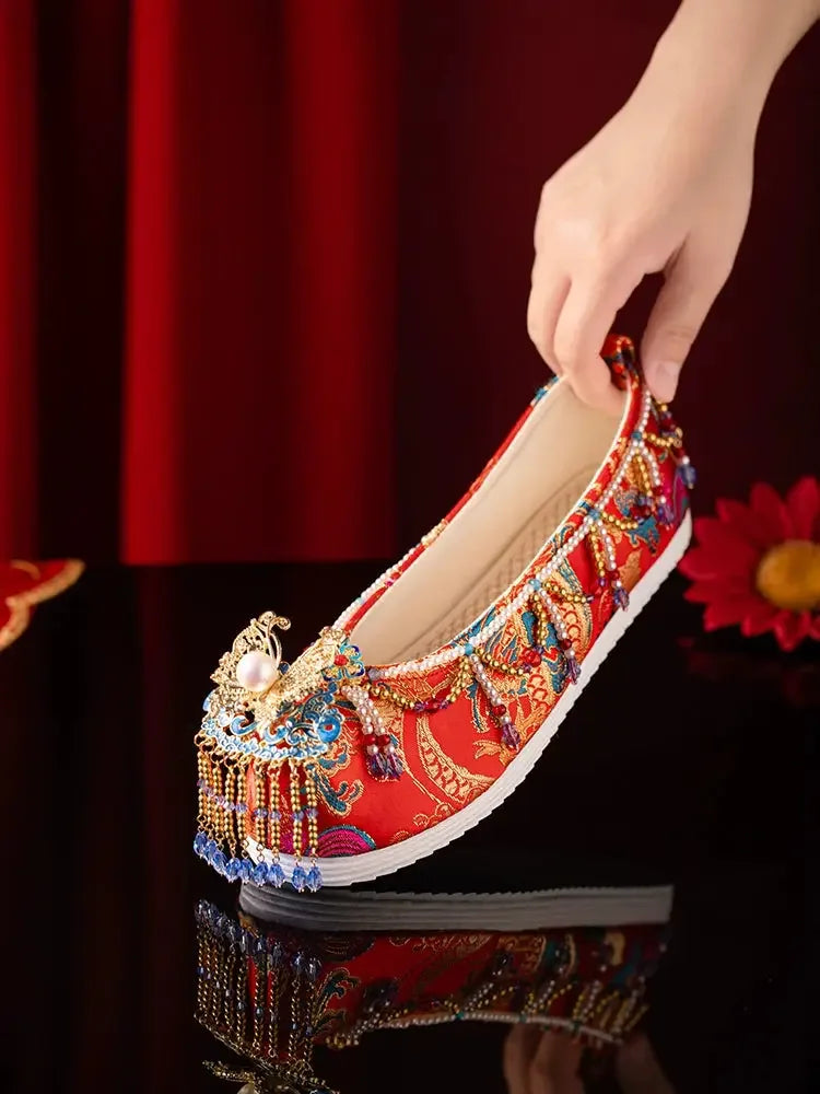 Sankeng Xiuhe Wedding Shoes Women's Customized Tassel Luxury Chinese Wedding Hanfu Shoes Wedding Flat Bow Shoes - Yandan_Hanfu