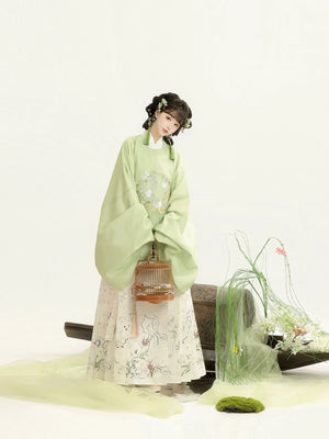 “Moonlit Blossom” Ming-Style Hanfu for Women – Embroidered Round-Collar Top & Mamian Skirt, Autumn/Winter - Yandan_Hanfu
