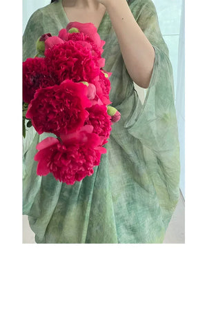 100% Ramie Modern Chinese Dress – Green Tie-Dye Print with Loose Silhouette & Camisole Layer - Yandan_Hanfu