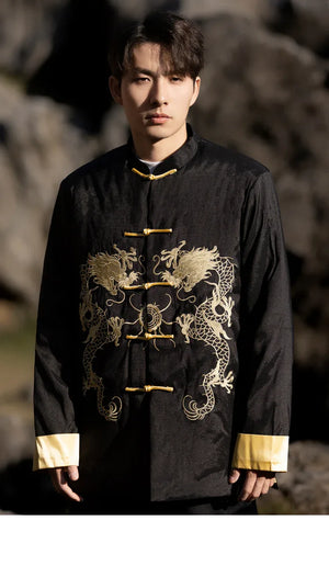 Chinese style dragon pattern embroidery retro Tang suit men's buckle winter cotton-padded jacket - Yandan_Hanfu