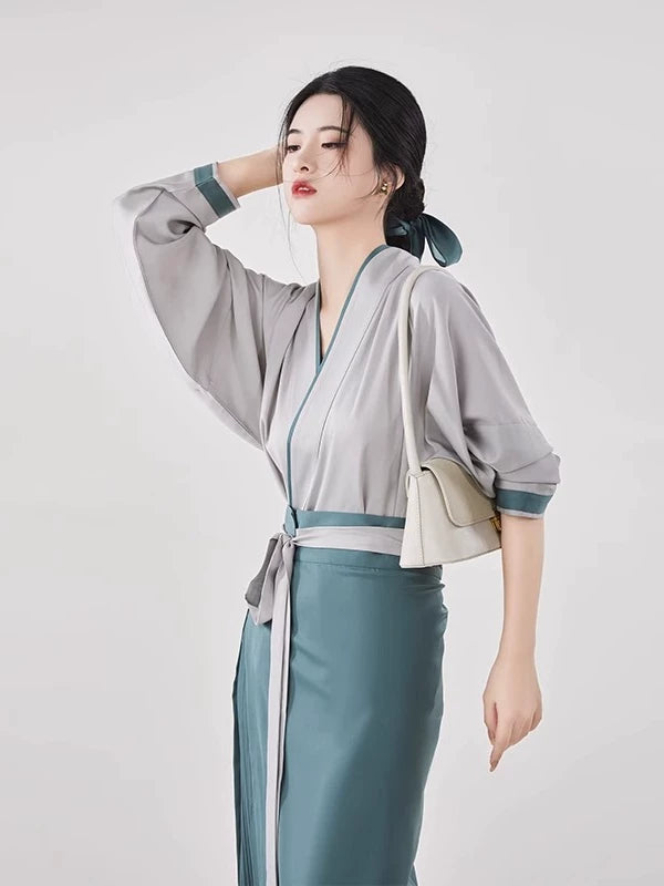 Modern Hanfu Set | Grey Cross-Collar Lantern Sleeve Top & Teal High Waist Midi Skirt