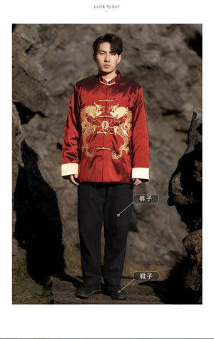 Chinese style dragon pattern embroidery retro Tang suit men's buckle winter cotton-padded jacket - Yandan_Hanfu