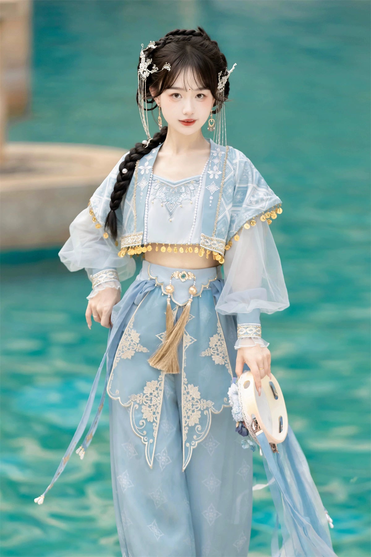 【Cloud Traveler】- Hanfu Princess Jasmine Blue Suit with gold tassels and embroidery, styled by the pool in ethnic Dunhuang fashion.