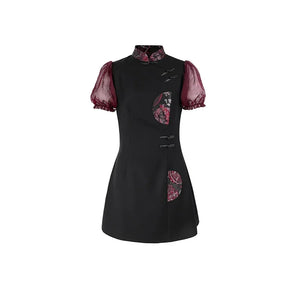 New Chinese style retro sweet and cool bubble sleeve jacquard contrasting color splicing skirt - Yandan_Hanfu