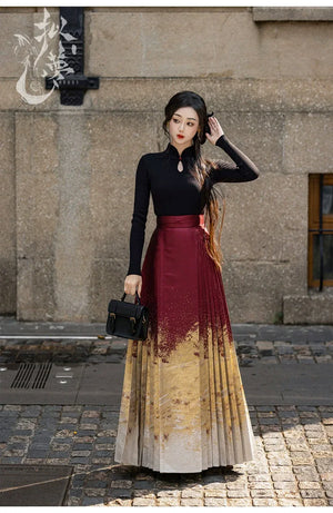 Lunar Spring River – Red Hanfu Maxi Skirt Set, New Chinese Style 6-Meter Hem Mamian Skirt with Knit Top & Wool Coat - Yandan_Hanfu