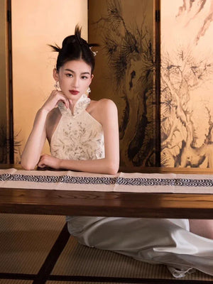 White Engagement Cheongsam Toast Bridal Dress - Yandan_Hanfu