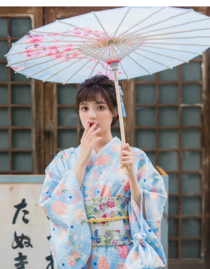 Light blue flower, cute girly style kimono yukata, gentle Japanese modified women's kimono dress - Yandan_Hanfu