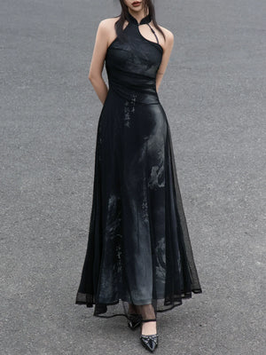 Iris Shadow – Sleeveless Grey Ombre Qipao | New Chinese Style Knitted A-Line Maxi Dress - Yandan_Hanfu