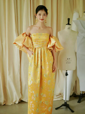 "Yunjing" yellow jacquard pregnant woman cheongsam bride toast dress - Yandan_Hanfu