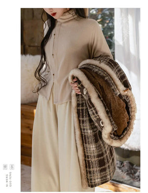 Amber Grace – Modern Hanfu Women's Autumn/Winter Set | Ming-Style Round-Collar Wool Coat with Plaid Song-Inspired Pants - Yandan_Hanfu