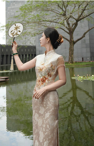 Golden Tang Ode – Luxury Modern Cheongsam | Artisanal Brocade & Couture Detailing - Yandan_Hanfu