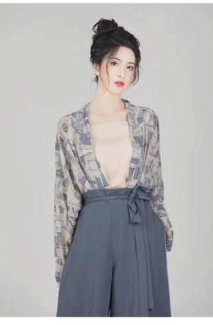 Qianmo Summer Hanfu Set – Song-Style Strap Top, Wide-Sleeve Shirt & Relaxed Pants for Women - Yandan_Hanfu