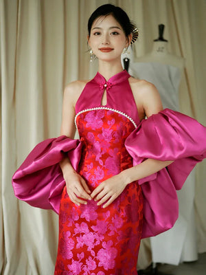 "Chuni" dragon fruit color jacquard cheongsam bride - Yandan_Hanfu