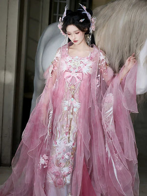 Pink Hanfu women's large-sleeved shirt chest-length embroidery spring and summer - Yandan_Hanfu