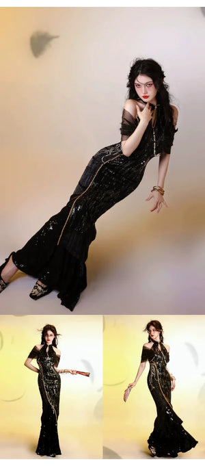 Aries Goldflow – Textured Satin Mermaid Qipao Dress from the Zodiac Collection - Yandan_Hanfu