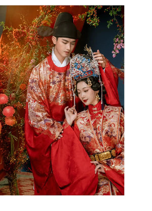 Ming-Dynasty wedding clothes round neck robe men's stand-up collar large-sleeved jacket Xiacheng horse face skirt women's Hanfu - Yandan_Hanfu