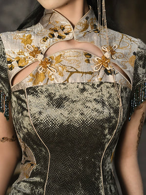 Spring Dragon Festival, Chinese national style disc buckle slim fish tail long slit cheongsam dress - Yandan_Hanfu