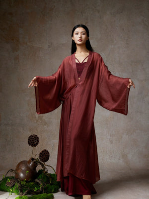 Elegant wine red sheer tencel dance cardigan, model extending arms