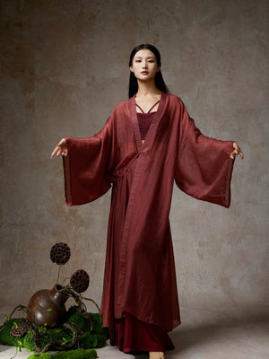 Elegant Wine Red Sheer Tencel Cardigan – Flowing Classical Dance Performance Outfit - Yandan_Hanfu