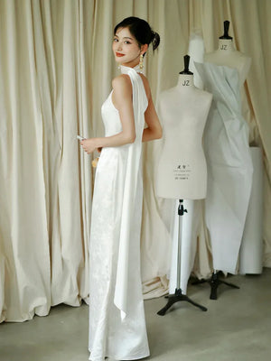"Pianrou" White Jacquard Ribbon Morning Gown Knot Bridal Toast Dress Engagement Banquet Bar Mitzvah - Yandan_Hanfu