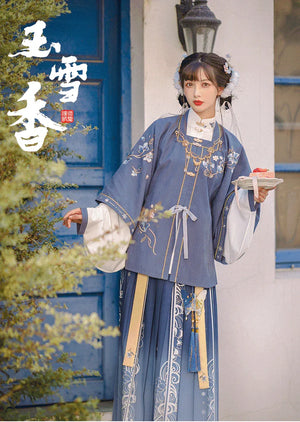 Yuxue Fragrance, Ming-Dynasty short shirt pleated skirt aligned with waist - Yandan_Hanfu