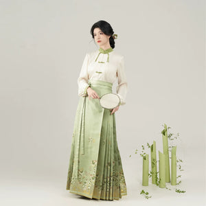 Sunshine Rose – Ming-Style Modern Hanfu Set | Embroidered Cloud-Shoulder Blouse & Floral Ma Mian Skirt - Yandan_Hanfu