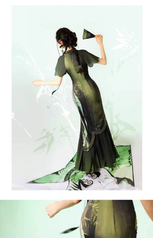 Verdant Sky Qipao – Black-Green Ombre Satin Cheongsam with Artistic Floral Print - Yandan_Hanfu