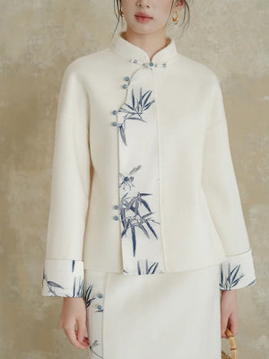 100% Wool Double-Faced Modern Chinese Women's Set – Printed Jacket with Matching Skirt, Minimalist Luxury Style - Yandan_Hanfu