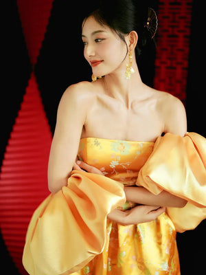"Yunjing" yellow jacquard pregnant woman cheongsam bride toast dress - Yandan_Hanfu