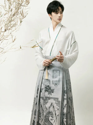 Unisex Modern Grey Hanfu Set – Cross-Collar Jacket with Brocade Ma Mian Skirt - Yandan_Hanfu
