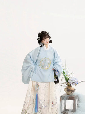 “Moonlit Blossom” Ming-Style Hanfu for Women – Embroidered Round-Collar Top & Mamian Skirt, Autumn/Winter - Yandan_Hanfu