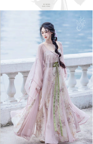 Pink Chinese style Han element dress big pendulum fish tail tattered sleeve fairy energy spring and summer suit - Yandan_Hanfu