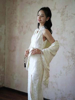 "Qianzhi" white embroidered shawl showing thin backless cheongsam bride wedding dress toast engagement - Yandan_Hanfu